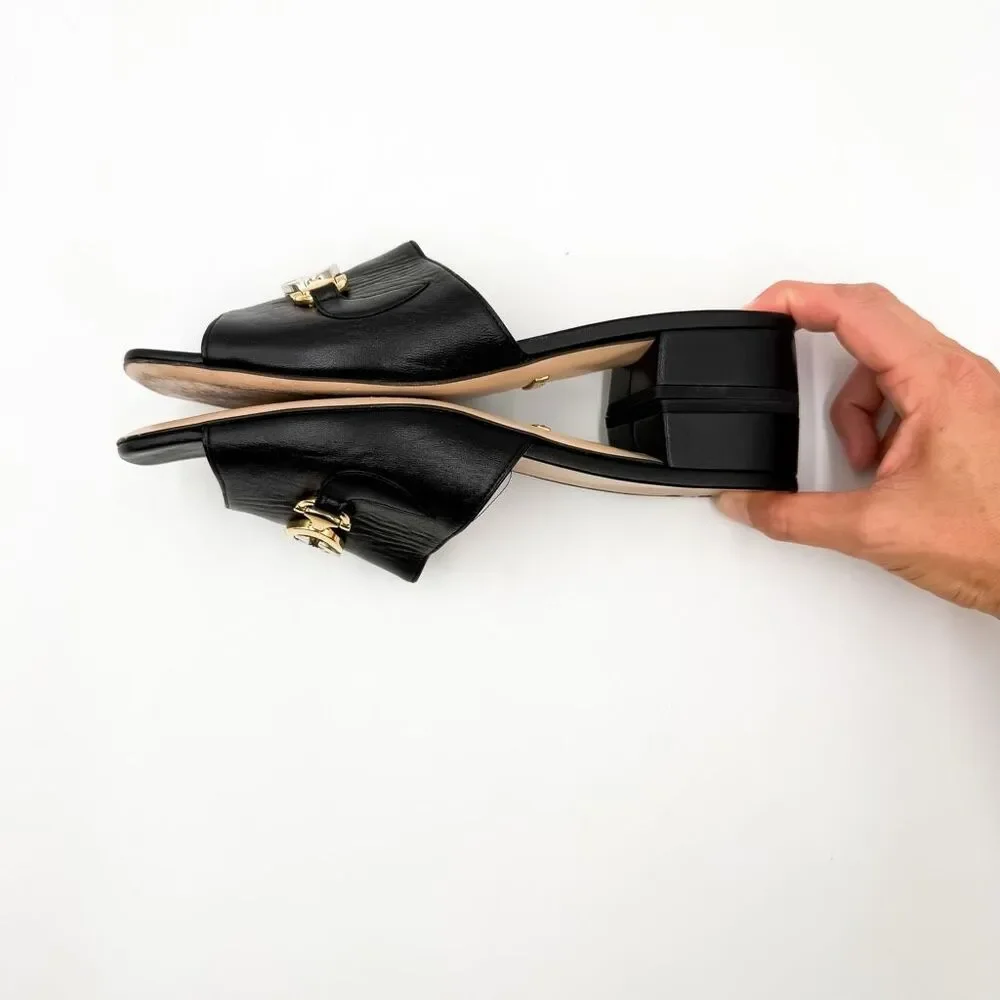 Gucci Zumi GG Horsebit Slide Sandals Black Mules EU 37.5 US 7.5